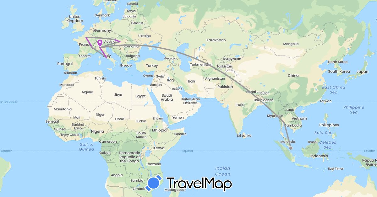 TravelMap itinerary: driving, plane, train in Austria, France, Hungary, Italy, Singapore, Thailand (Asia, Europe)